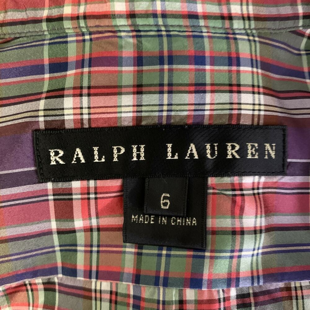 RALPH LAUREN Size 6 Purple Green Silk Plaid Dress Top - Picture 4 of 5